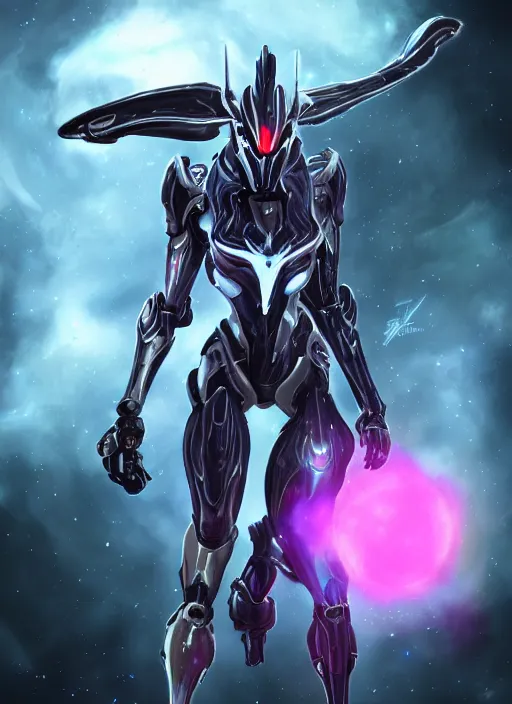 Image similar to cinematic shot, bust, cosmic sized perfectly proportioned stunning hot female warframe, robot mecha female dragon head, silver armor, fuschia leds, floating in empty space, nebula sized, holding a galaxy, epic proportions, epic size, epic scale, furry art, dragon art, giantess art, warframe fanart, furaffinity, deviantart