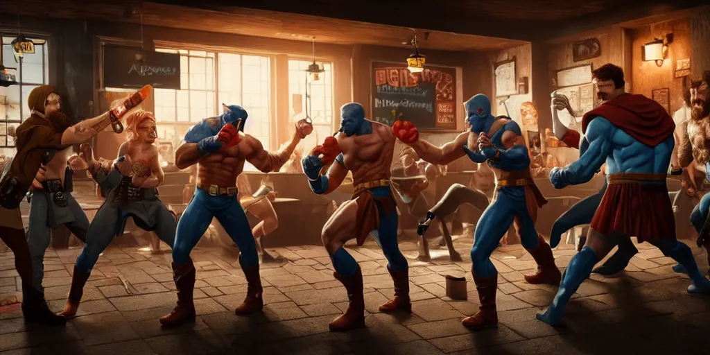 Prompt: a photo of a bar fight inside a pub between dungeons and dragons and comic book heroes, detailed faces, accurate faces, 4k, hyperrealism, editorial, photorealistic, crisp details, sharp focus, wide angle lens, octane render, caustics