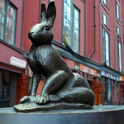 Prompt: a bronze statue of a rabbit, in stockholm, photograph