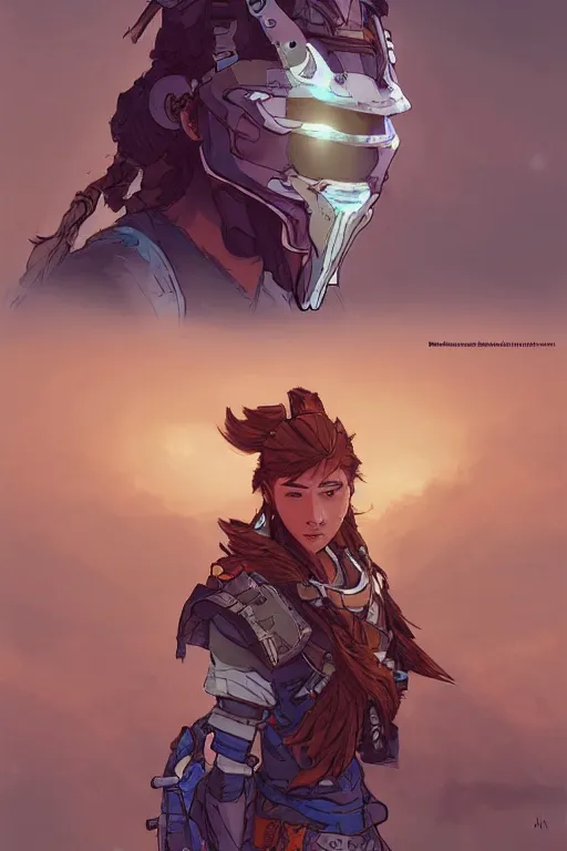 Image similar to combination suit armor aloy horizon forbidden west horizon zero dawn robot ninja mask helmet backpack tribal, fanart behance hd artstation by jesper ejsing, by rhads, makoto shinkai and lois van baarle, ilya kuvshinov, ossdraws