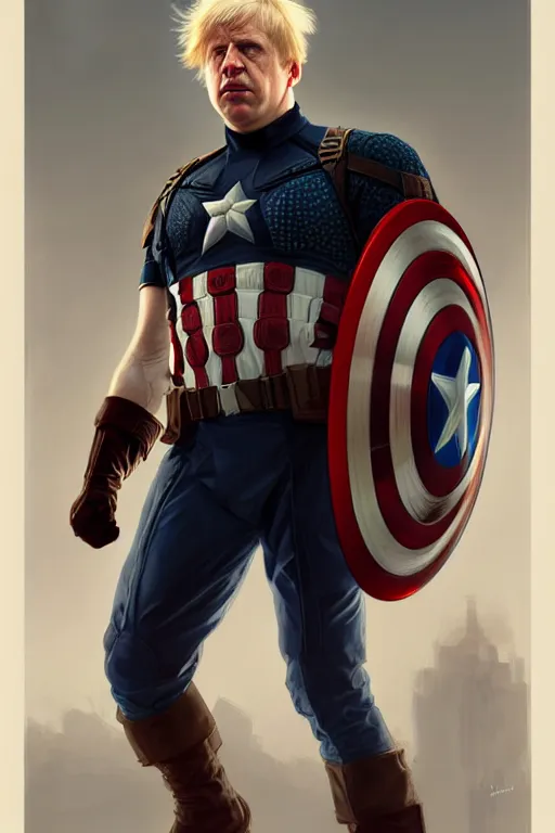 Image similar to Boris Johnson as Captain America, realistic portrait, symmetrical, highly detailed, digital painting, artstation, concept art, smooth, sharp focus, illustration, cinematic lighting, art by artgerm and greg rutkowski and alphonse mucha