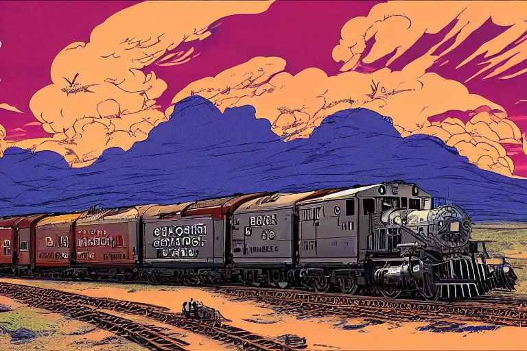 Image similar to old western freight train illustration by joe fenton and syd mead and p. craig russell and barry windsor - smith, artstation, 4 k, graphic novel, concept art, matte painting, steam engine spewing billowy white clouds of steam, beautiful idyllic mountain desert sunset background, golden hour, art nouveau