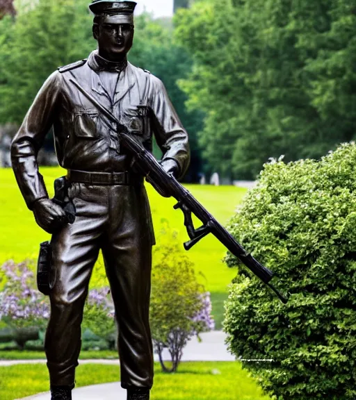 Image similar to a 4 k photorealistic photo medium shot waist up of a bronze statue of an american soldier with a rifle across his chest in a park