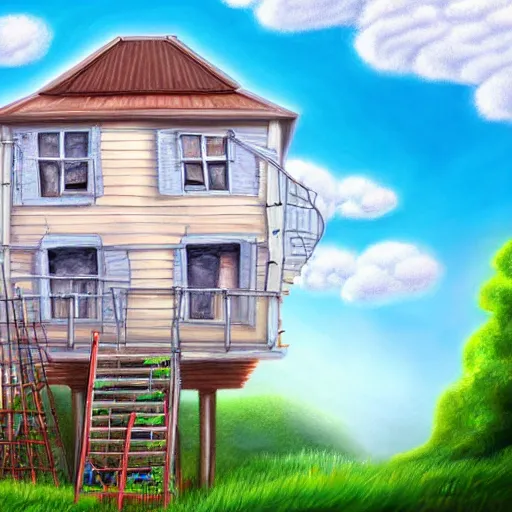 Image similar to A hyperdetailed digital oil painting of a house in the clouds,ladder,cartoon, Trending on ArtStation and DeviantArt