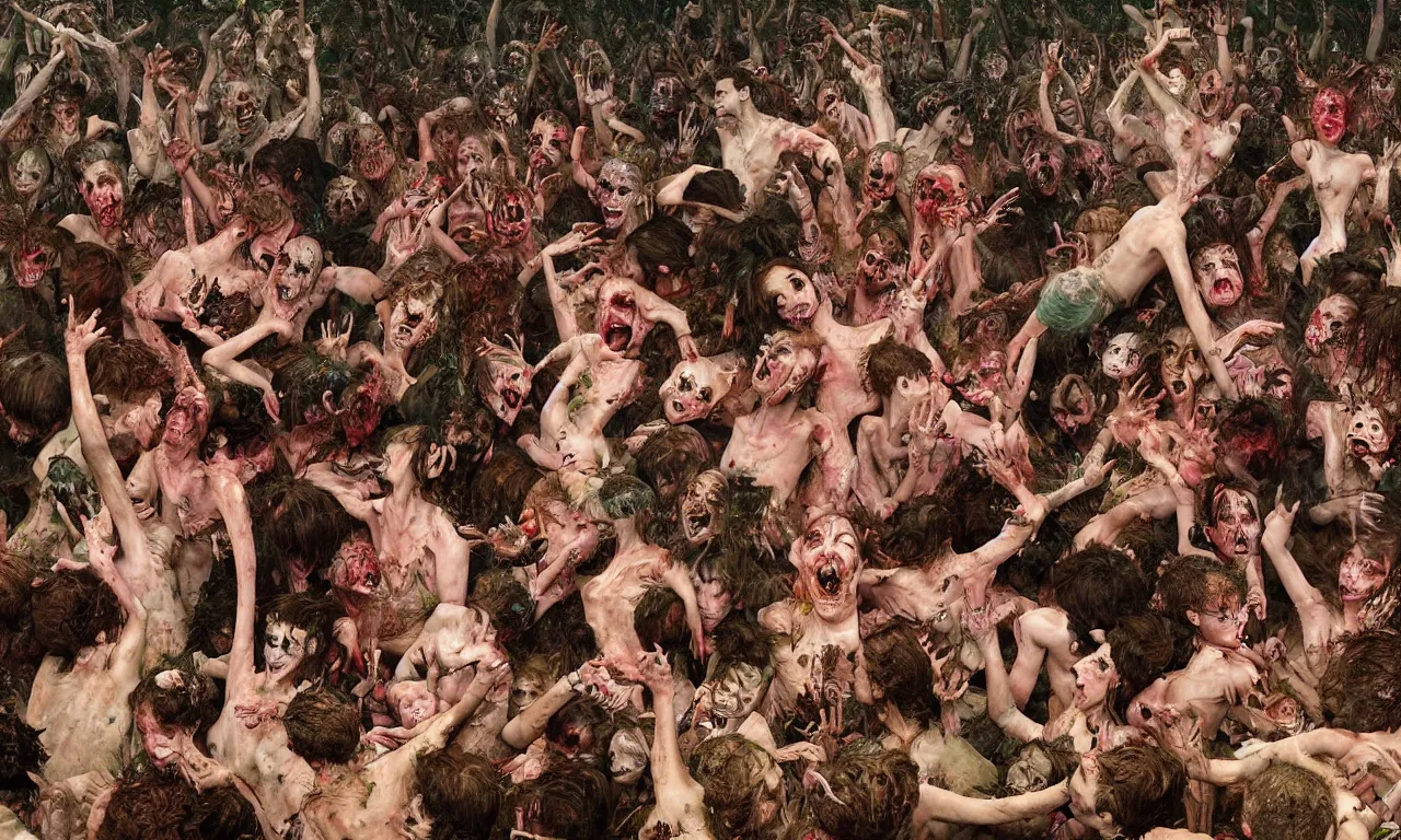 Image similar to a detailed digital art portait of undead nymphs in a mosh pit, art by norman rockwell, pixar style