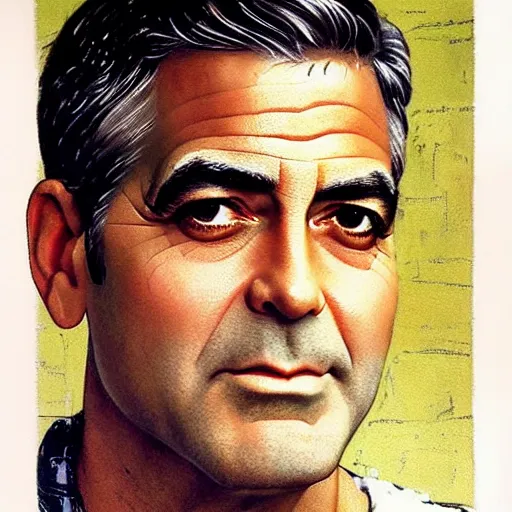 Image similar to George Clooney, highly detailed illustration, portrait painting by Norman Rockwell