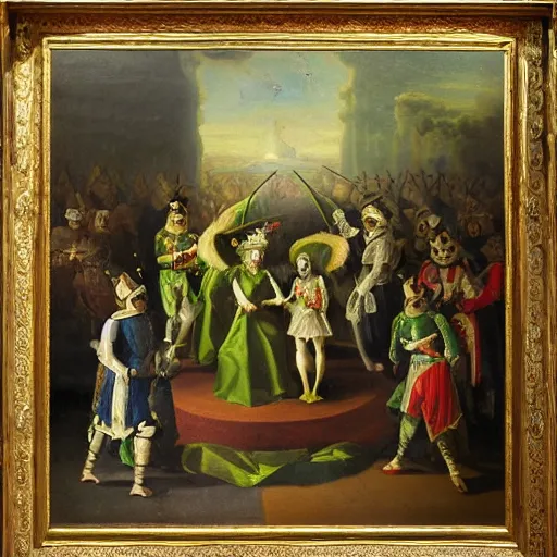 Prompt: 17th century oil painting of a green space alien being crowned king at an extraordinary coronation ceremony, 8k, ultra detailed, ultra intricate,