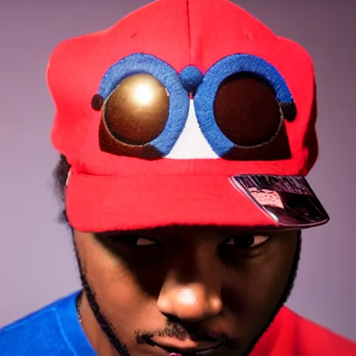 Image similar to kendrick lamar wearing mario hat, studio lighting