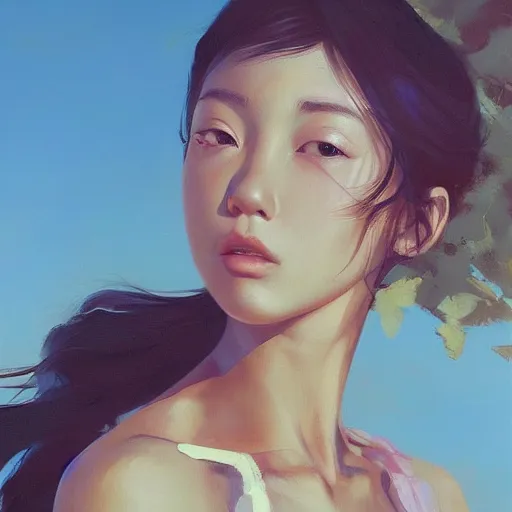 Prompt: oil painting by ilya kuvshinov,, baugh casey, artgerm craig mullins, coby whitmore, of a youthful japanese girl, long hair, fully clothed at the beach, highly detailed, breathtaking face, studio photography, noon, intense bounced light, water reflection, large tree casting shadow, serine intense sunlight in the style of zack snyder