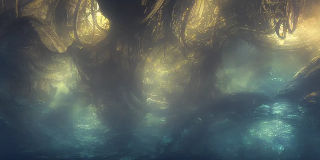 Image similar to an underwater landscape in the abyss, futuristic cathedral underwater, photorealistic, people, fishes, light rays from above the surface, realistic paint, specular light, high contrast, highly detailed, 4k, shallow depth of field, cinematic light, concept art, artstation, art by Enrich Victor, Alphonse Mucha