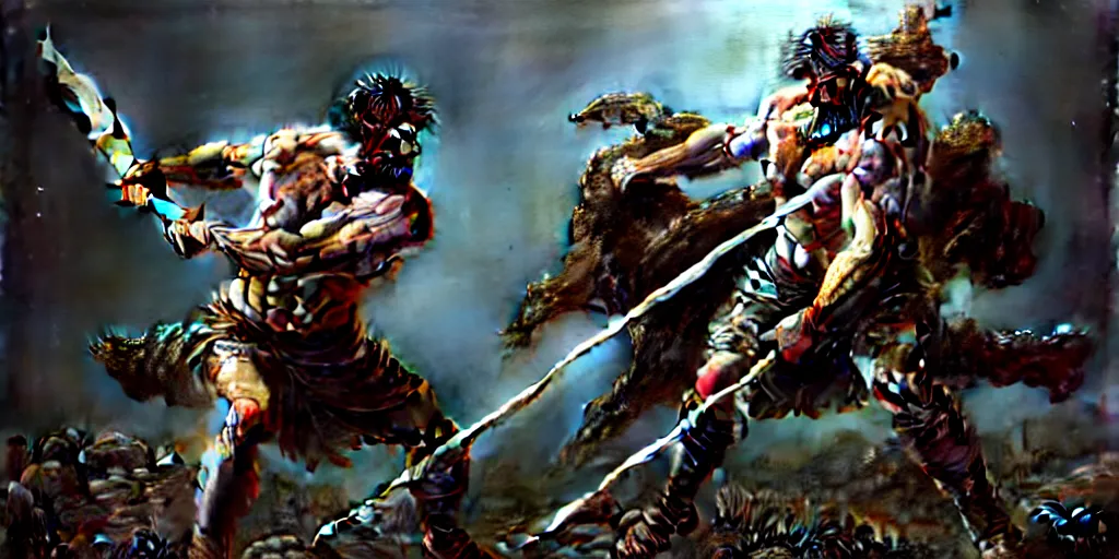 Prompt: hyperrealistic mixed media painting of Cain slaying Abel with a spear, masculine and handsome, stunning 3d render inspired art by P. Craig Russell and Barry Windsor-Smith + perfect facial symmetry + dim volumetric lighting, 8k octane beautifully detailed render, post-processing, extremely hyperdetailed, intricate, epic composition, grim yet sparkling atmosphere, cinematic lighting + masterpiece, trending on artstation, very very detailed, masterpiece, stunning