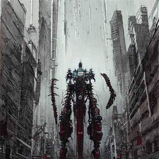 Prompt: a giant mecha defending the city, designed by hideaki anno, drawn by tsutomu nihei, and painted by zdzislaw beksinski