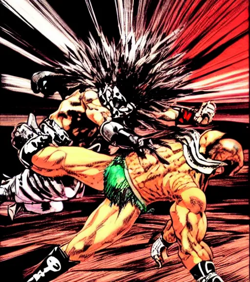 Image similar to a scene of a mexican wrestler suplexing a coyote into the mat, comic book art, by yoji shinkawa and takehiko inoue and kim jung gi, masterpiece, perfect