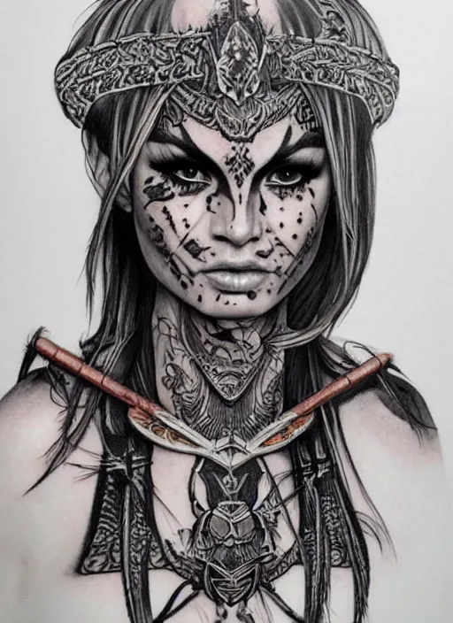 Image similar to tattoo design of a hyper - realistic beautiful girl warrior, hyper detailed, in the design of eliot kohek, on white background