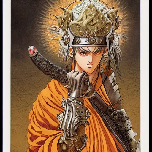 Prompt: warrior monk, fantasy character, soft light, white background, intricate detail, intricate oil painting detail, sharp high detail, manga and anime 2000, tarot cards, Katsuhiro Otomo