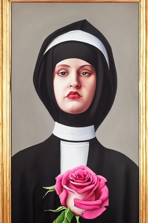 Prompt: hyperrealism oil painting, roses fully covering young beautiful nun face, wearing dark clothes, in style of classicism