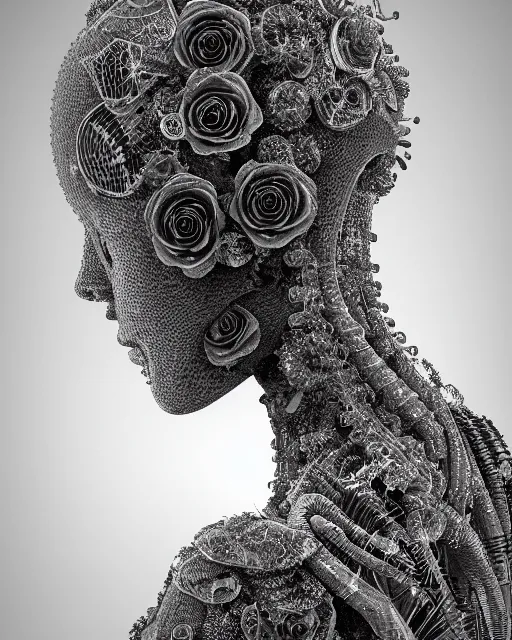 Image similar to mythical dreamy black and white organic bio-mechanical spinal ribbed profile face portrait detail of translucent steampunk beautiful female angelic-human-queen-vegetal-cyborg, highly detailed, intricate crystal ivy jelly ornate, poetic, translucent roses ornate, 3D render, digital art, octane render, 8K artistic photography, photo-realistic, by Dora Maar