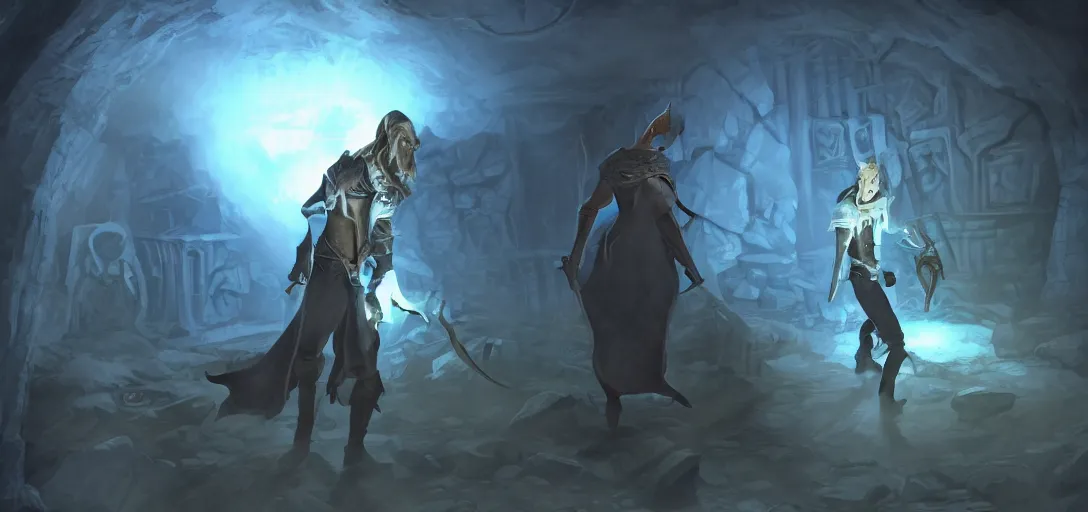 Image similar to 'stylized Skyrim wizard character, handsome young necromancer casting a spell to reanimate a corpse inside a dungeon chamber with eerie blue lighting'