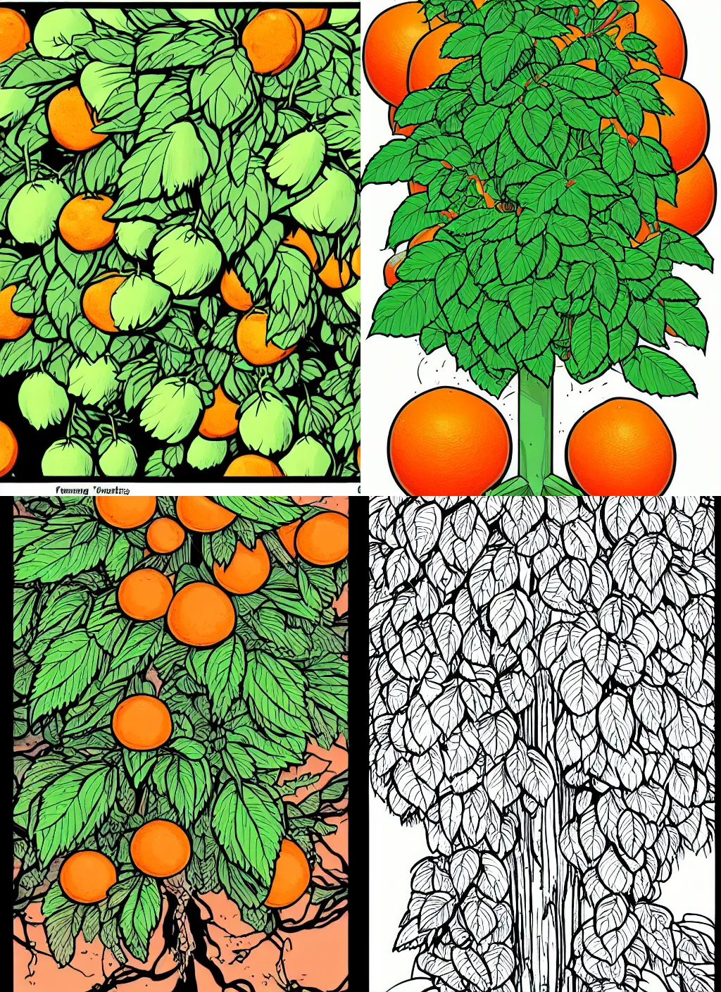 Prompt: a tangerine tree growing oversized hops, fresh and juicy. comic book style. thick lines. drawing. detailed. hq.