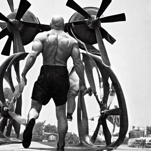 Image similar to a muscular bald man carrying two turbine engines on his back