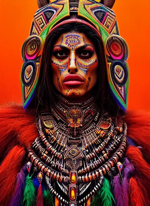 Image similar to portrait of eva mendes, hyper detailed ultra sharp aztec shaman warrior. trending on artstation, warpaint aesthetic, bloodwave, colorful, psychedelic, ornate, intricate, digital painting, concept art, smooth, sharp focus, illustration, art by artgerm and greg rutkowski and h. r. giger, 8 k