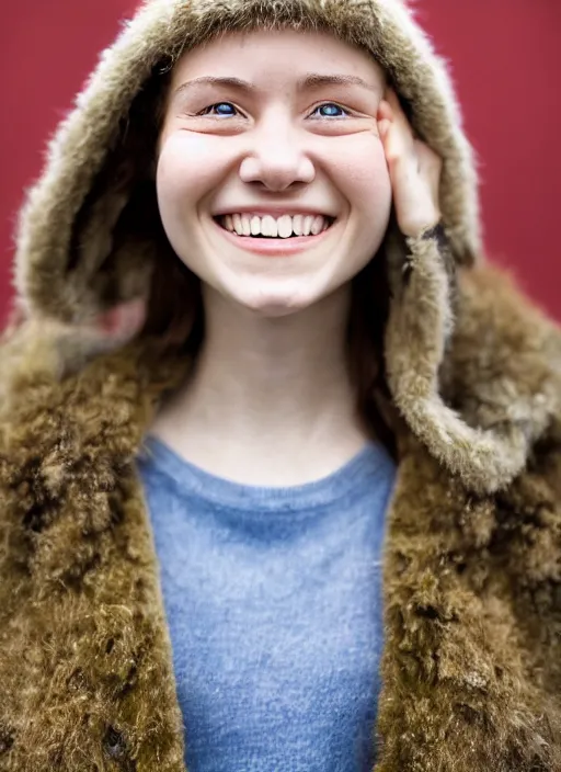 Image similar to Mid-shot portrait of a beautiful 20-year-old woman from Iceland, smile, happy, candid street portrait in the style of Martin Schoeller award winning, Sony a7R