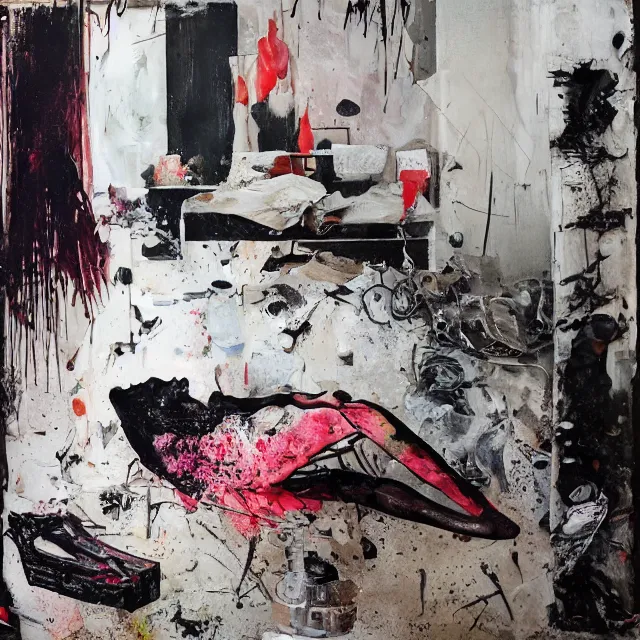 Image similar to a female artist's apartment, sensual portrait of a woman sleeping, cracked handmade pottery vase, torn paper smouldering smoke, candles, white flowers on the floor, puddle of water, octopus, squashed berries, neo - expressionism, surrealism, acrylic and spray paint and oilstick on canvas