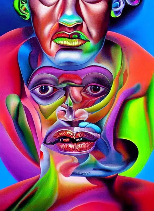 Image similar to a face-like extremely high quality hd surrealism painting of a 3d galactic neon complimentary-colored cartoon surrealism melting optically illusiony high-contrast zaha hadid futuristic melting face by kandsky and salvia dali the second, salvador dali's much much much much more talented painter cousin, clear shapes, 8k, realistic shading, ultra realistic, super realistic