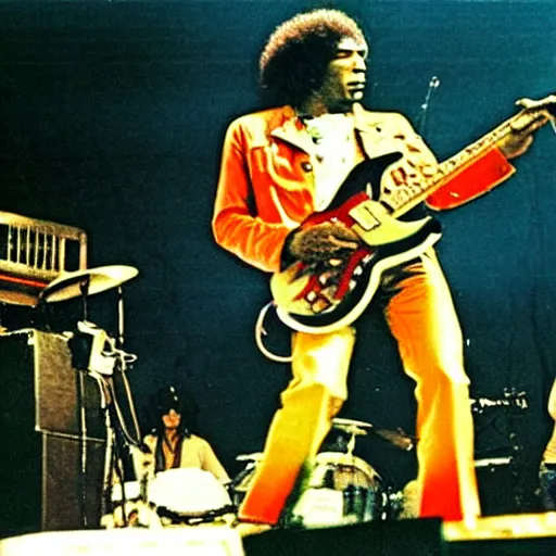 Image similar to Godzilla as Jimi Hendrix performing on stage at Woodstock, photo