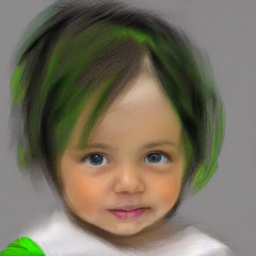 Prompt: a digital portrait of a 1 year old with black hair and bright green eyes, drawn in the style of mark Arian,