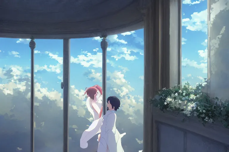 Image similar to a beautiful detailed picture of window, a bride and a groom, sky, by makoto shinkai