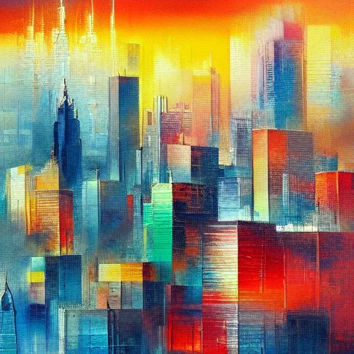 Image similar to a painting of a cityscape with buildings in the background, an abstract painting by stanton macdonald - wright, cgsociety, lyrical abstraction, cityscape, dystopian art, impressionism!!!!!!!
