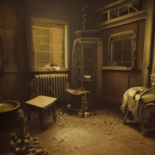 Prompt: room of a dark mansion, objects from ritual in the ground, realistic, highly detailed, background of pt game