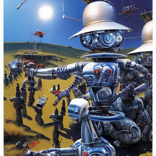 Prompt: robot wearing a bucket hat, by John Harri and Michael Whelan and John Berkey and Robert McCall and Chris Foss and Chris Moore and Vincent Di Fate and Rafał Olbiński and Jim Burns