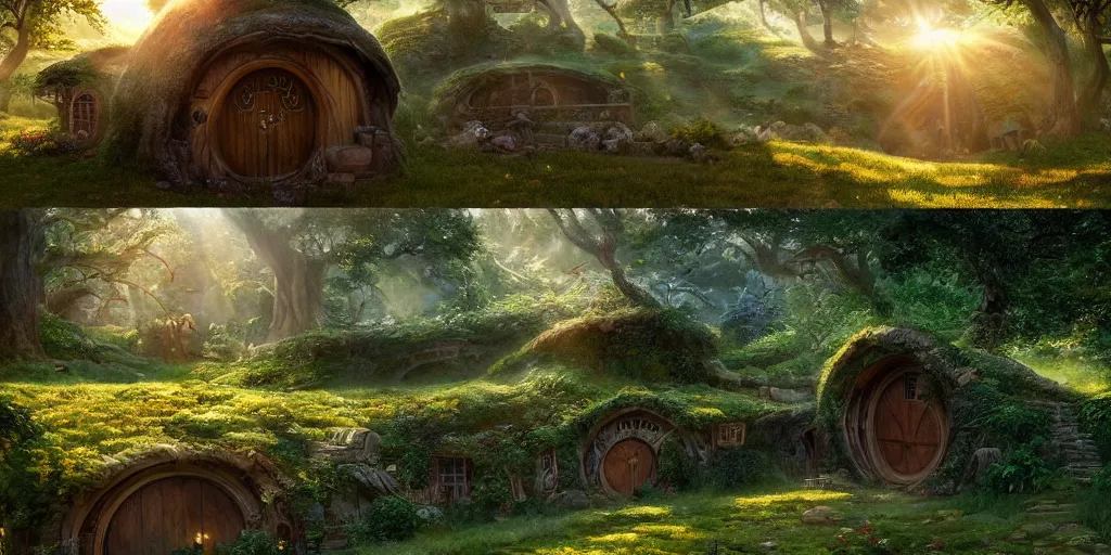 Image similar to ambience, atmosphere, sunbeams, lush and beautiful concept art for the shire and hobbit houses, lord of the rings, peter jackson, studio ghibli, detailed, realistic lighting, volumetric lighting, golden hour,