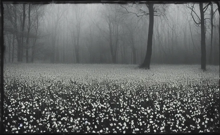 Prompt: black box on the field flowers, by Andrei Tarkovsky, mist, forest, lomography photo effect, monochrome, 35 mm