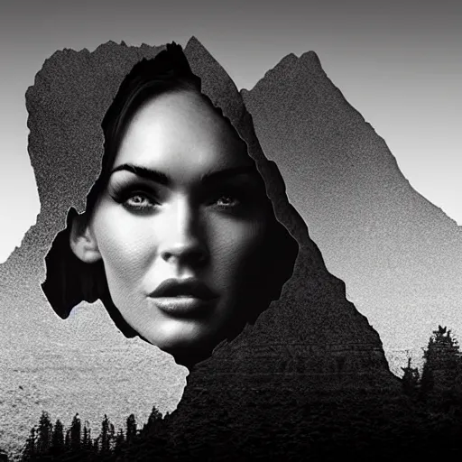 Prompt: double - exposure effect of megan fox face in the shape of beautiful mountains, in the style of dan mountford, amazing detail, black and white