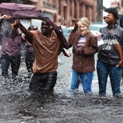 Image similar to people on street get wet of chocolate liquid rain, flooded with 🍫