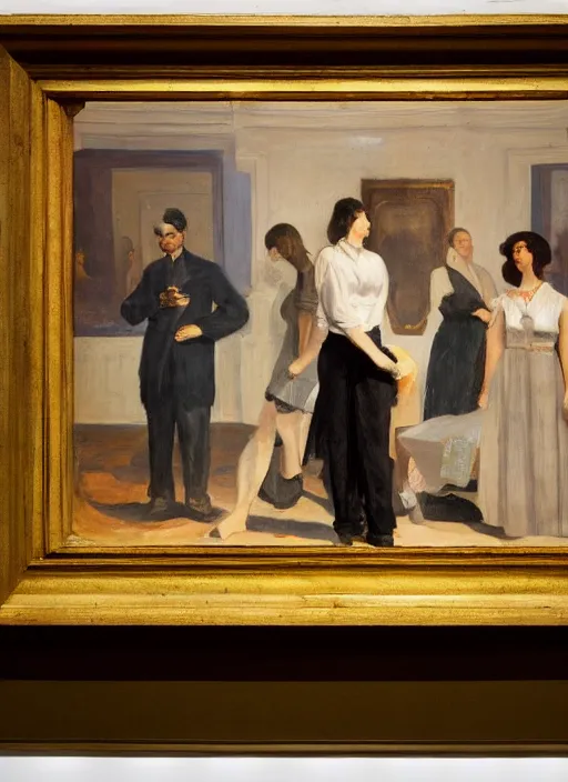 Prompt: a teratomaon a plinth in the middle of a museum room full of people painted by hopper and goya