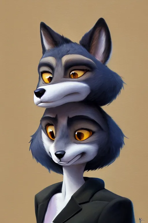 Image similar to oil painting of anthromorphic female wolf, in style of cory loftis, female fursona, furry, furaffinity, 4 k, deviantart, furry art, fursona art, wearing black business suit, business suit, in style of zootopia, wolf fursona, cyberpunk, female, female wolf face, very expressive detailed feminine face,