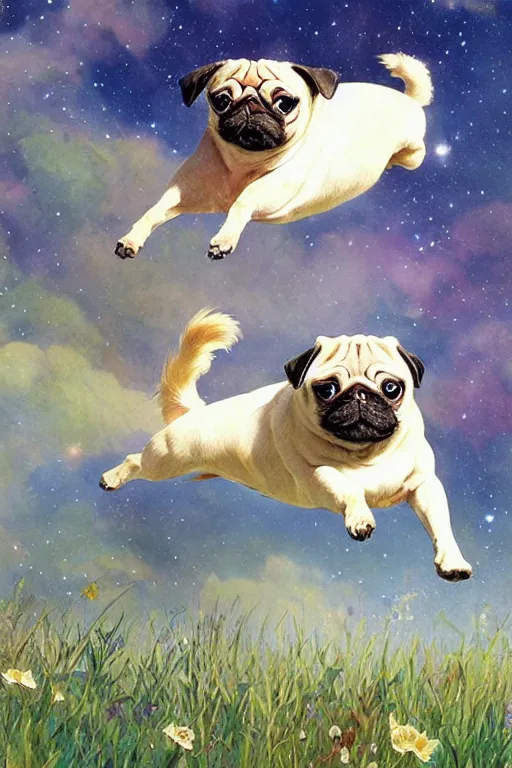 Prompt: a flying cream-colored pug running through a beautiful nebula of grass and sunshine, water color, art by artgerm and greg rutkowski and alphonse mucha and jin xiaodi and anthony divine