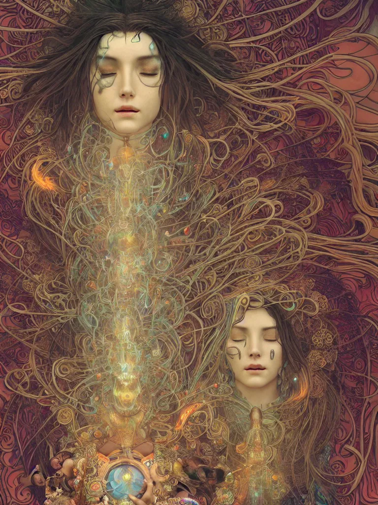Image similar to an ancient mystical alluring female shaman generating flowing energy and surrounded by wisps of incense smoke sits meditating in a magical cybernetic robot temple , face face face, by android jones and alphonse mucha, 3d, cinema 4d render, trending on artstation