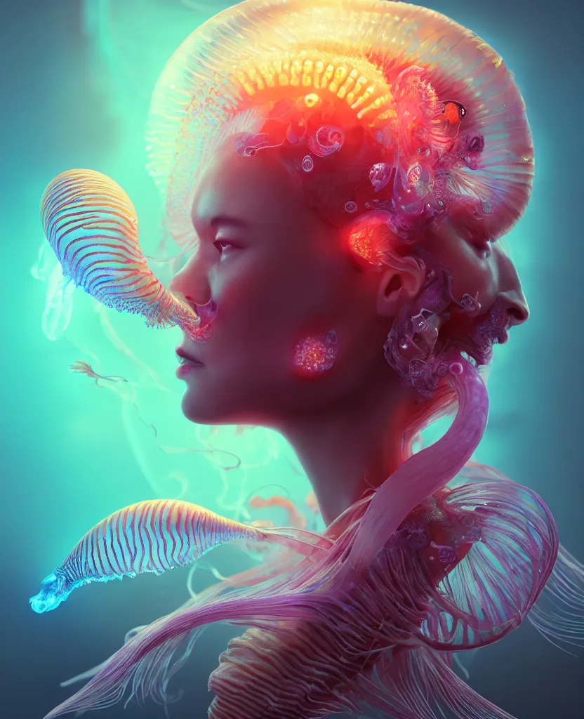 Image similar to goddess close-up portrait. orchid jellyfish phoenix head, nautilus, skull, betta fish, bioluminiscent creatures, intricate artwork by Tooth Wu and wlop and beeple. octane render, trending on artstation, greg rutkowski very coherent symmetrical artwork. cinematic, hyper realism, high detail, octane render, 8k