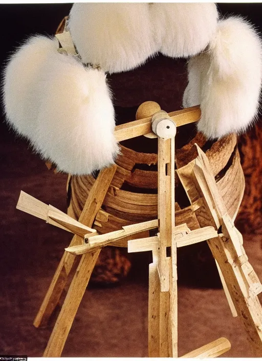 Prompt: realistic photo of a a medieval wooden astronomic archeology scientific equipment made of brushwood, with white fluffy fur, by dieter rams 1 9 9 0, life magazine reportage photo, natural colors