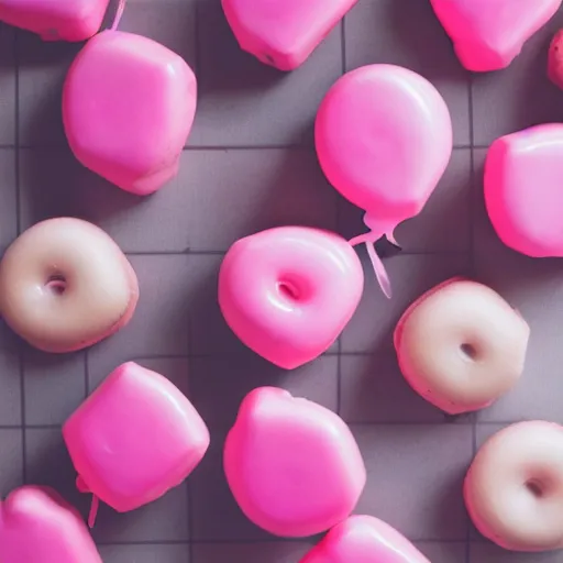 Image similar to photo of Peppa Pig, pink-frosted donuts, pink balloons, chess board, 50mm, beautiful photo