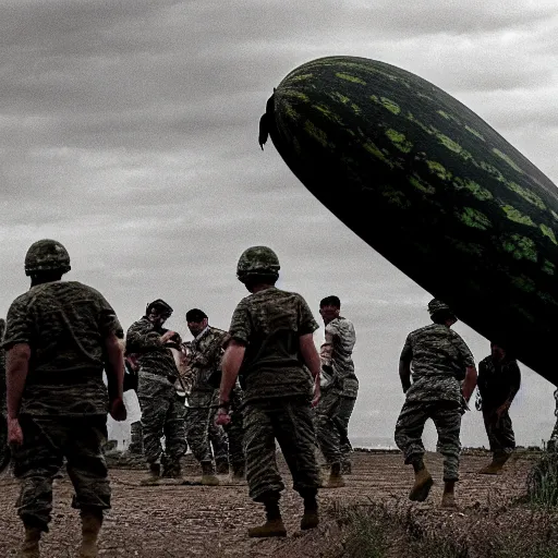 Image similar to The military was called in to try to stop the giant watermelon, but their weapons had no effect on it. The watermelon just kept coming, smashing everything in its path. , Film scene