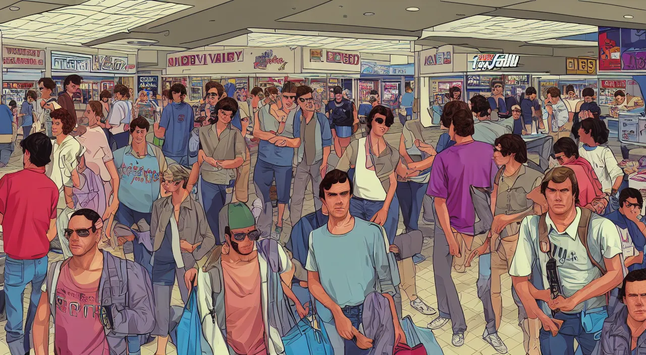 Prompt: GTA V illustration of 1980s nerdy white teenager on the cover of GTA V, in the food court of a 1980s shopping mall, wide angle lens, close up shot