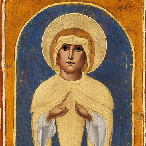 Image similar to a baby seal saint, wearing ornate robes, Byzantine painting