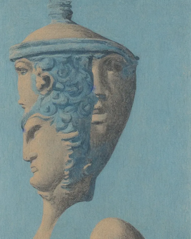 Image similar to achingly beautiful close up print of one painted ancient greek vase on baby blue background by rene magritte, monet, and turner. symmetrical, shaded.