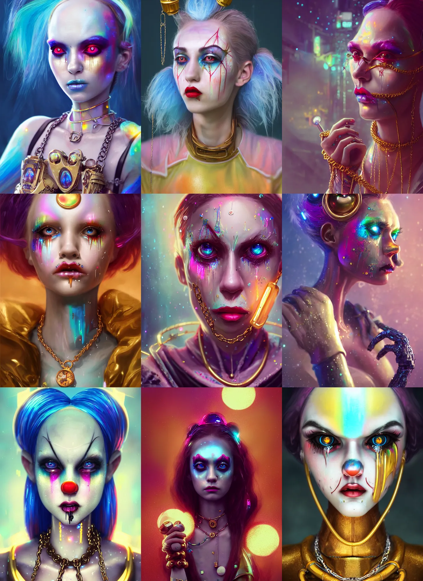 Prompt: disney 8 k photo, stunning shiny sweaty porcelain rich grand iridescent emo edc chained clowncore cyborg college woman, decora face, golden ratio details, sci fi, fantasy, cyberpunk, intricate, decadent, highly detailed, digital painting, octane render, artstation, concept art, smooth, sharp focus, illustration, art by loish, wlop